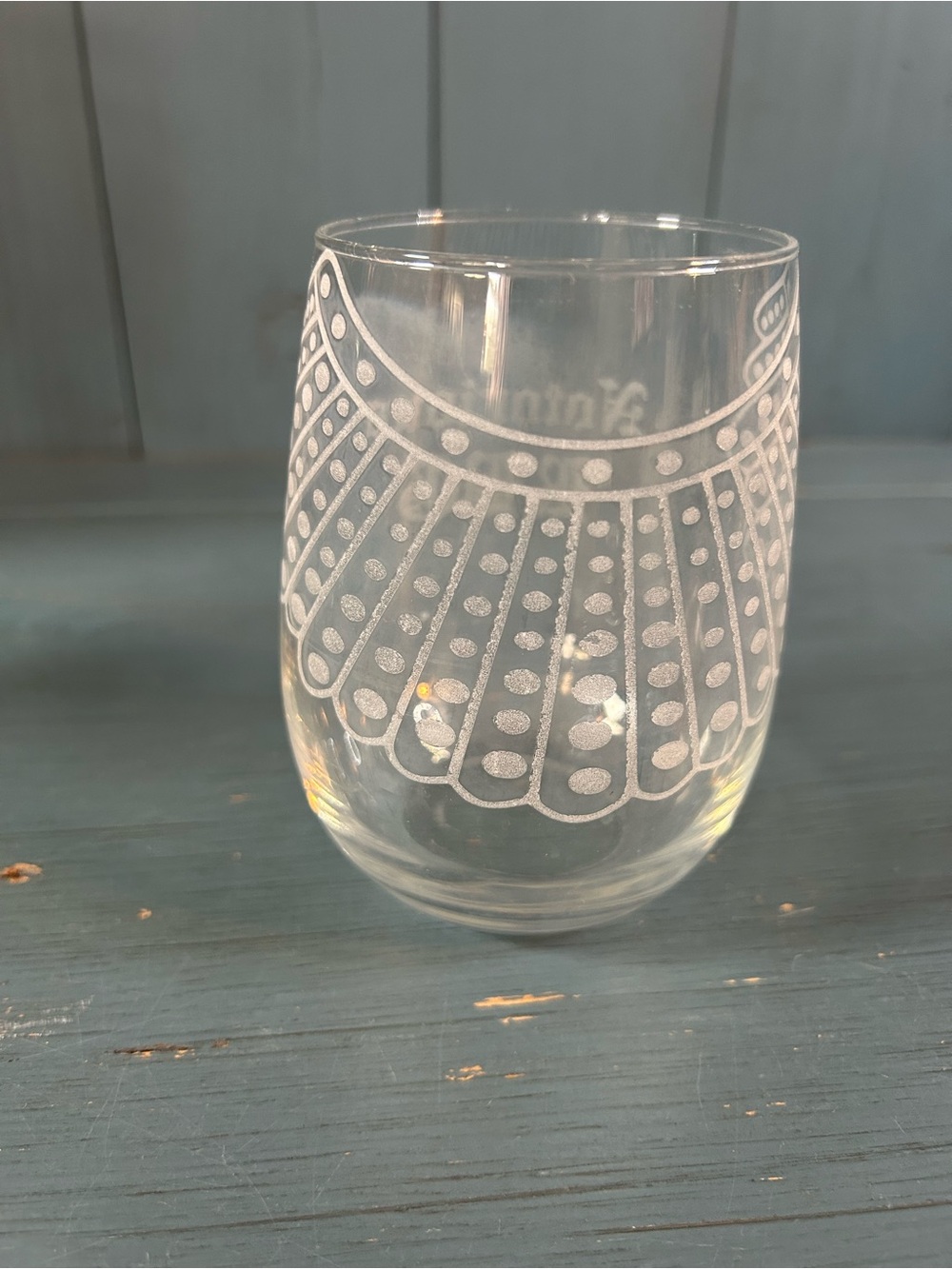 R.B.G. Clear Etched Glass Tumbler with White Fan Pattern | 17 Oz.